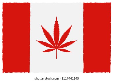 Flag of Canada With Marijuana Leaf. Hand Painted with Brush. Vector Illustration.