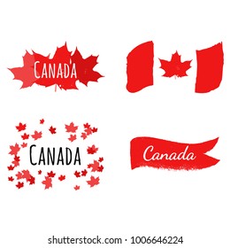 Flag of Canada on grunge style with red maple leaves. Labels set