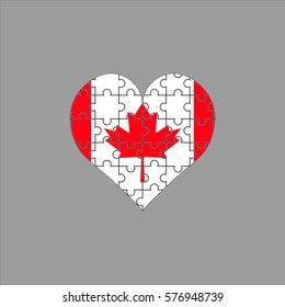 Flag of Canada on the heart of the puzzle on gray background. Vector illustration