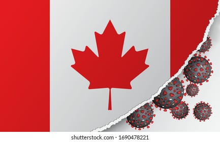 Flag of Canada with outbreak deadly coronavirus covid-19. Banner with the spread of Coronavirus 2019-nCoV. A large bacteriums against background of the national flag. Concept of coronavirus quarantine