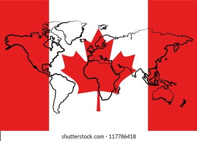 The flag of Canada with the outline of the world