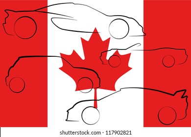 The flag of Canada with the outlines of many cars of different types