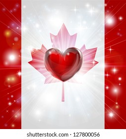 Flag of Canada patriotic background with pyrotechnic or light burst and love heart in the centre