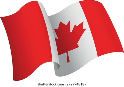 Bandera de Canadá. Bandera de estilo de cinta que transmite una sensación de movimiento y efecto ondulante. Las elegantes curvas y el sombreado realista crean una sensación de movimiento. Ideal para proyectos internacionales, materiales de viaje y presentaciones culturales.
