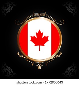 Flag of canada round icon with gold Circle Frame, badge or button. canada national symbol. Vector illustration.