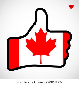 Flag of Canada in the shape of Hand with thumb up, gesture of approval, vector finger sign, flat design illustration.