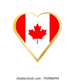 Flag of Canada in the shape of Heart, symbol of Love Gold version.