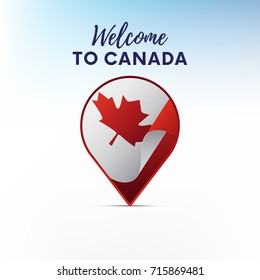 Flag of Canada in shape of map pointer or marker. Welcome to Canada. Vector illustration.