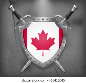 Flag of Canada. The Shield Has Flag Illustration. Two Crossed Swords that are Behind the Shield. Vector Medieval Background