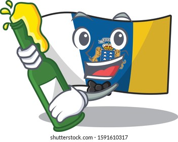 Flag canary island Scroll with bottle of beer mascot cartoon style