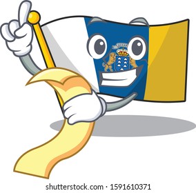 Flag canary island Scroll cartoon character holding menu ready to serve