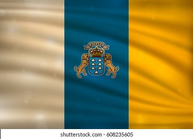 flag of Canary Islands, autonomous communities of the Spain, on wavy silk background with bokeh lights. Realistic vector illustration 
