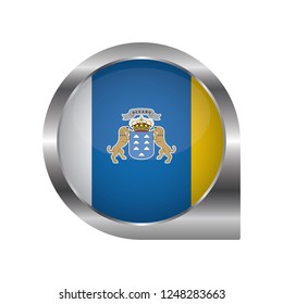 Flag of Canary Islands, location map pin, pointer flag, button with the reflection of light and shadow, silver frame, Icon country. Realistic vector illustration on white background.