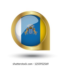 Flag of Canary Islands, location map pin, pointer flag, button with the reflection of light and shadow, gold frame, Icon country. Realistic vector illustration on white background.