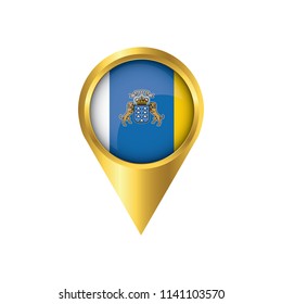 Flag of Canary Islands.symbol check in Canary Islands, golden map pointer with the national flag of Canary Islands in the button. vector illustration.