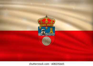 flag of Cantabria, autonomous communities of the Spain, on wavy silk background with bokeh lights. Realistic vector illustration 