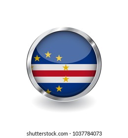 Flag of cape verde, button with metal frame and shadow. cape verde flag vector icon, badge with glossy effect and metallic border. Realistic vector illustration on white background.