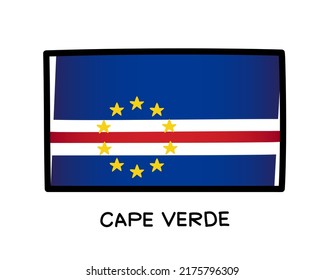 Flag of Cape Verde. Colorful Cape Verdean flag logo. Blue, white and red brush strokes, hand drawn. Black outline. Vector illustration isolated on white background.