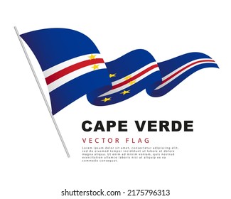 The flag of Cape Verde hangs on a flagpole and flutters in the wind. Vector illustration isolated on white background. Colorful Cape Verdean flag logo.