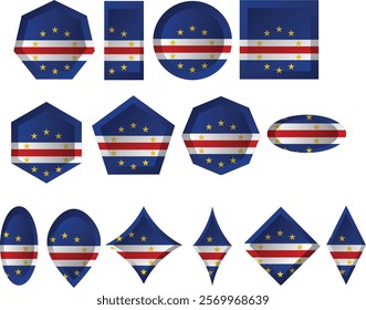 The flag of Cape Verde has five unequal horizontal bands of blue, white, and red, with a circle of ten yellow five-pointed stars, all pointing upwards. 