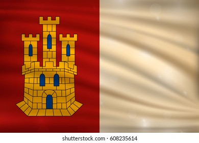 flag of Castilla-La Mancha, autonomous communities of the Spain, on wavy silk background with bokeh lights. Realistic vector illustration 