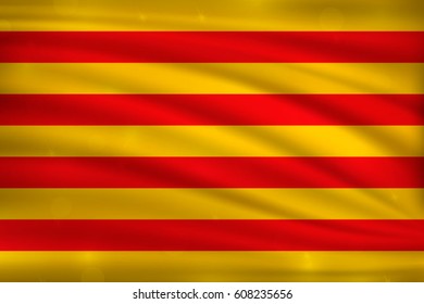 flag of Catalonia, autonomous communities of the Spain, on wavy silk background with bokeh lights. Realistic vector illustration 