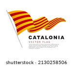 The flag of Catalonia hangs on a flagpole and flutters in the wind. Vector illustration isolated on white background. Colorful Catalan flag logo.