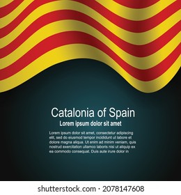 Flag of Catalonia of Spain flying on dark background with text. Vector illustration