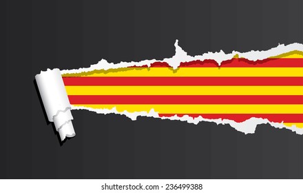 Flag of Catalonia under ripped paper vector illustration.