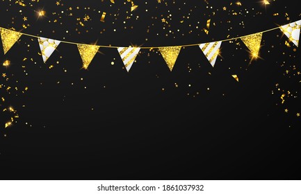 flag celebration Confetti and ribbons gold frame party banner, Event Birthday background template with.