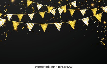 flag celebration Confetti and ribbons gold frame party banner, Event Birthday background template with.