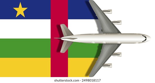 Flag of the Central African Republic with an airplane flying over it close up. Vector image.