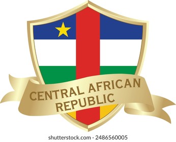 Bandera de la república centroafricana en torno al escudo de metal dorado con la bandera de la república centroafricana