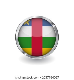 Flag of central african republic, button with metal frame and shadow. central african republic flag vector icon, badge with glossy effect and metallic border. Realistic vector illustration on white