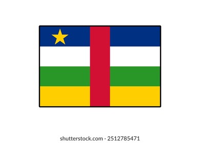 La bandera de la República Centroafricana presenta Horizontales franjas azules, blancas, verdes y amarillas, con una franja roja Vertical en el centro y una estrella amarilla en la esquina superior izquierda.