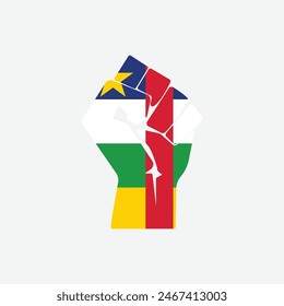 Flag of Central African Republic in the shape of raised hand sign isolated on background. Fist symbol modern, simple, vector, icon for website design, mobile app, ui. Vector Illustration