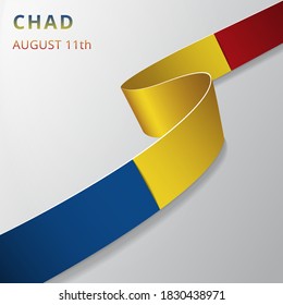 Flag of Chad. 11th of August. Vector illustration. Wavy ribbon on gray background. Independence day. National symbol. Graphic design template