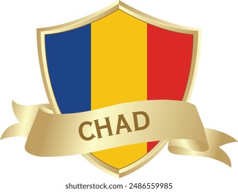 Flag of chad as around the metal gold shield with chad flag