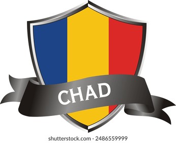 Flag of chad as around the metal silver shield with chad flag