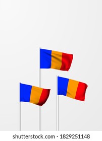 The flag of chad for independence day. Flagpoles and fabrics flutter in the 3D wavy wind