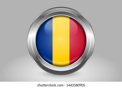 Flag of Chad. Metal and Glass Round Vector Icon. Isolated on Gray