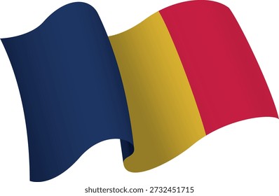 Bandeira do Chade. Bandeira estilo fita que transmite uma sensação de movimento e efeito de ondulação. As curvas elegantes e sombreamento realista criam uma sensação de movimento. Ideal para projetos internacionais, materiais de viagem e apresentações culturais.