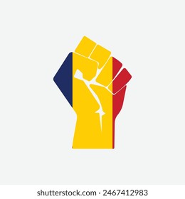 Flag of Chad in the shape of raised hand sign isolated on background. Fist symbol modern, simple, vector, icon for website design, mobile app, ui. Vector Illustration