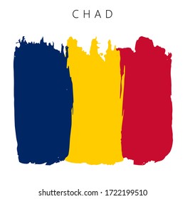 Flag of Chad. Vector illustration on white background. National flag with three colors: blue, yellow and red. Beautiful brush strokes. Abstract concept. Elements for design. Painted texture.