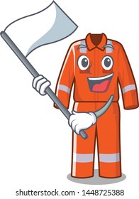 With flag character work overalls hanging on door