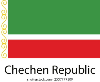 Flag of Chechnya, a republic in Russia, with a green top band, red bottom band and a gold ornament on the left side.