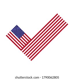 Flag Check mark Vote 2020 in USA vector design. American patriotic election day. Election voting poster. Flyer vector blue red white logo.