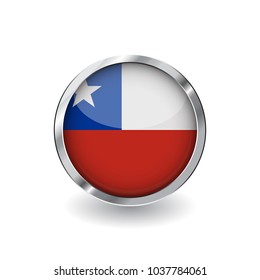 Flag of chile, button with metal frame and shadow. chile flag vector icon, badge with glossy effect and metallic border. Realistic vector illustration on white background.