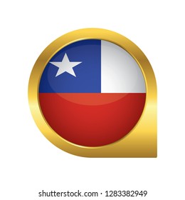 Flag of Chile, location map pin, pointer flag, button with the reflection of light and shadow, gold frame, Icon country. Realistic vector illustration on white background.