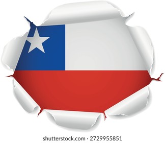 Bandeira do Chile. Bandeira Revelada Através de Furo de Papel Rasgado com Bordas Enroscadas Realistas sobre um fundo transparente. As bordas rasgadas se curvam para fora com sombras e profundidade realistas, criando um efeito de revelação impressionante